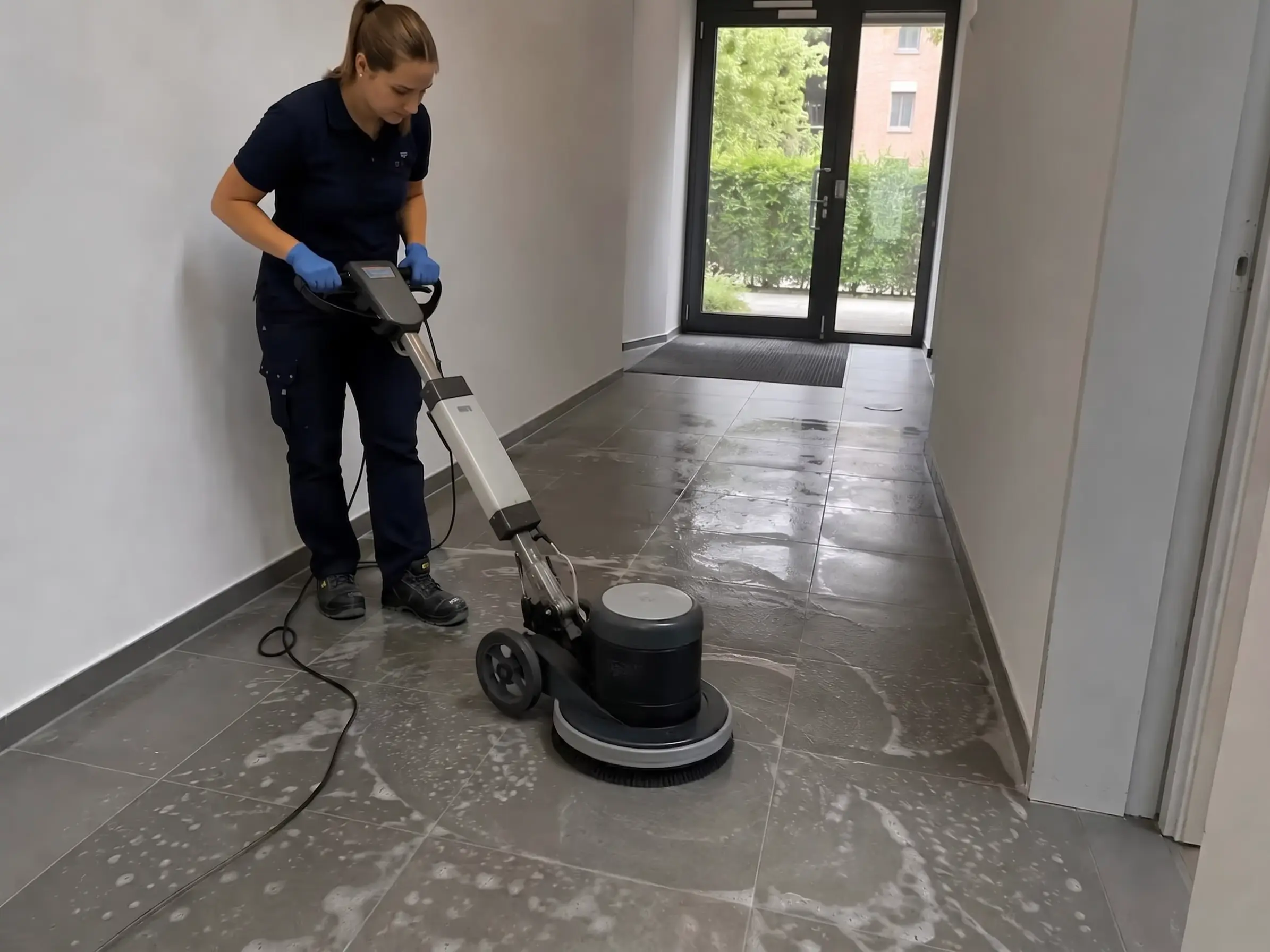 Bodenreinigung mit Einscheibenmaschine im Flur in Hagen