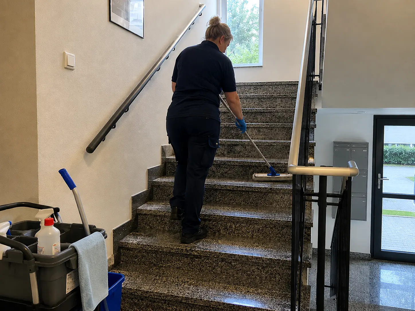 Treppenhausreinigung mit Wischmopp an Steintreppe in Hagen