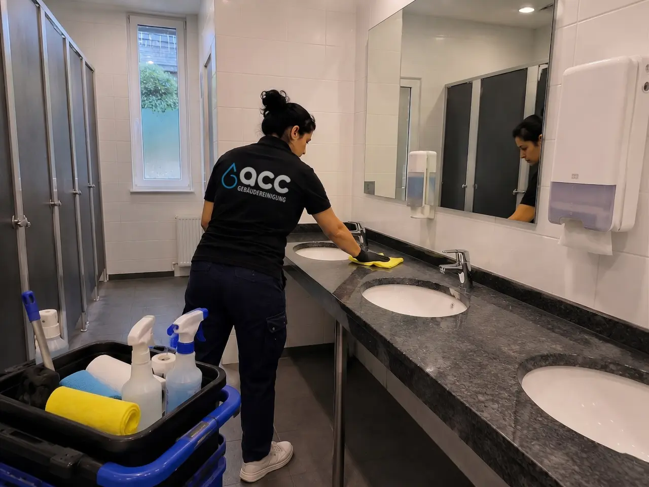 Mitarbeiterin der ACC bei der Unterhaltsreinigung im Sanitärbereich in Hagen